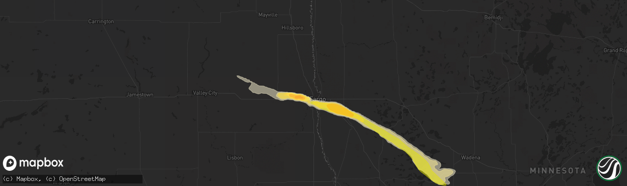 Hail map in Fargo, ND on July 13, 2023