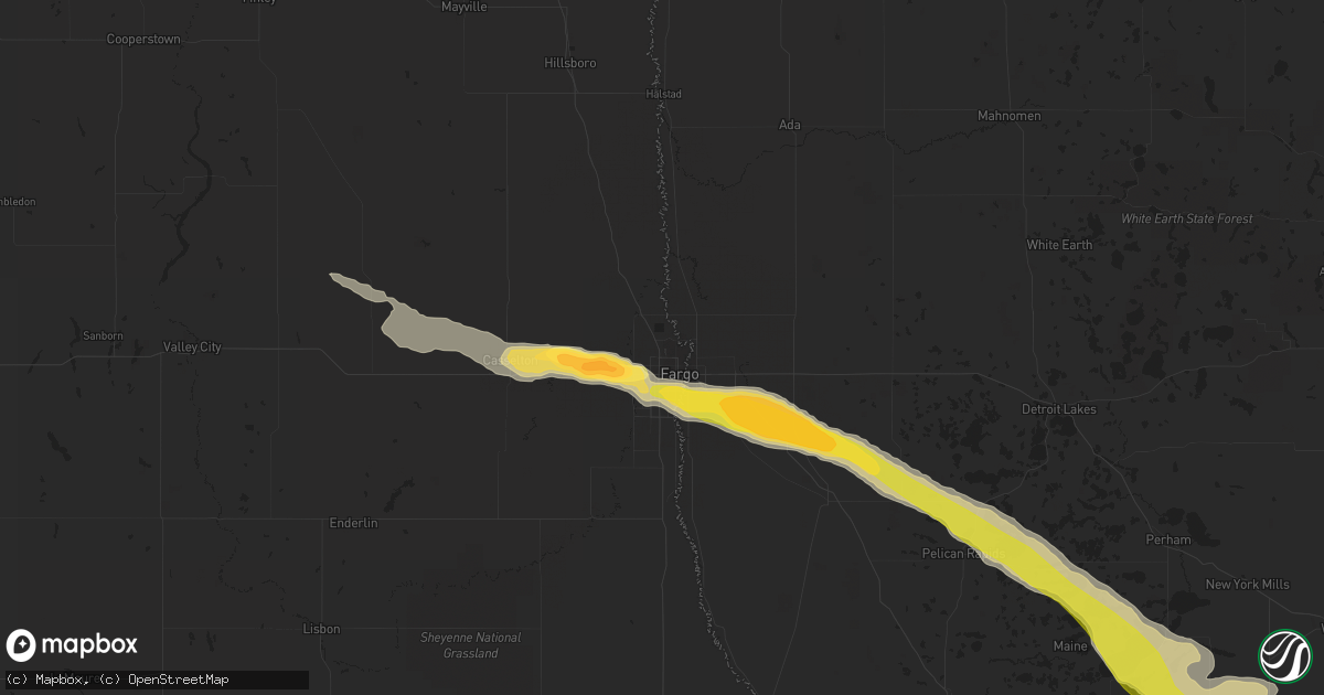 Hail map in Fargo, ND on July 13, 2023