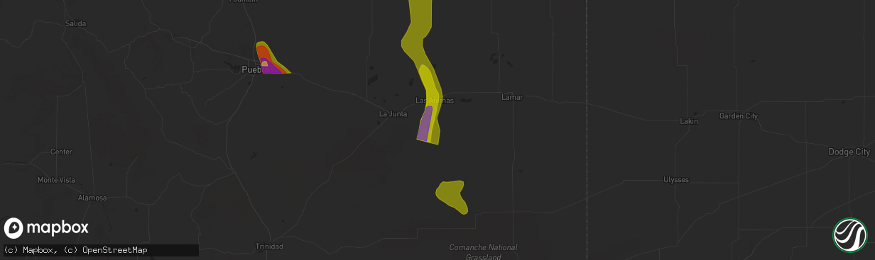Hail map in Las Animas, CO on July 13, 2023