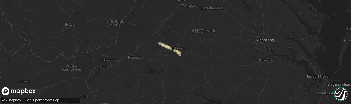 Hail map in Lynchburg, VA on July 13, 2023