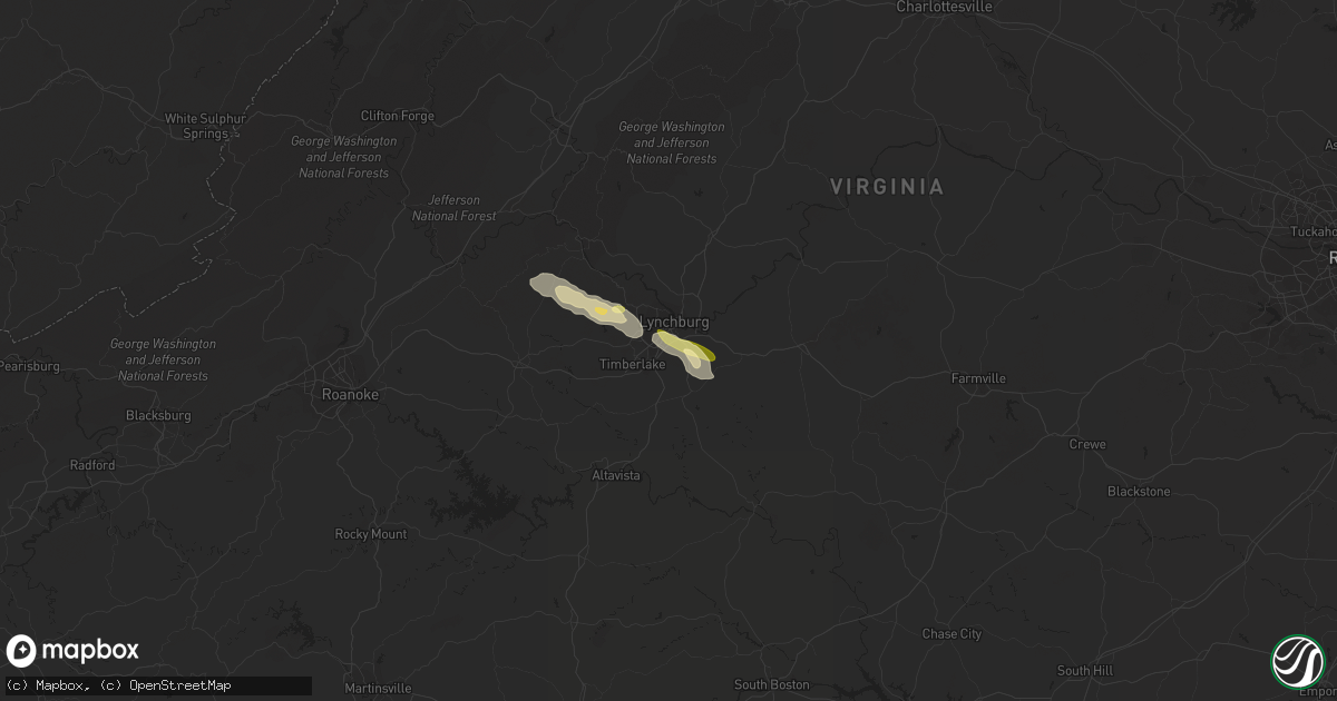 Hail map in Lynchburg, VA on July 13, 2023