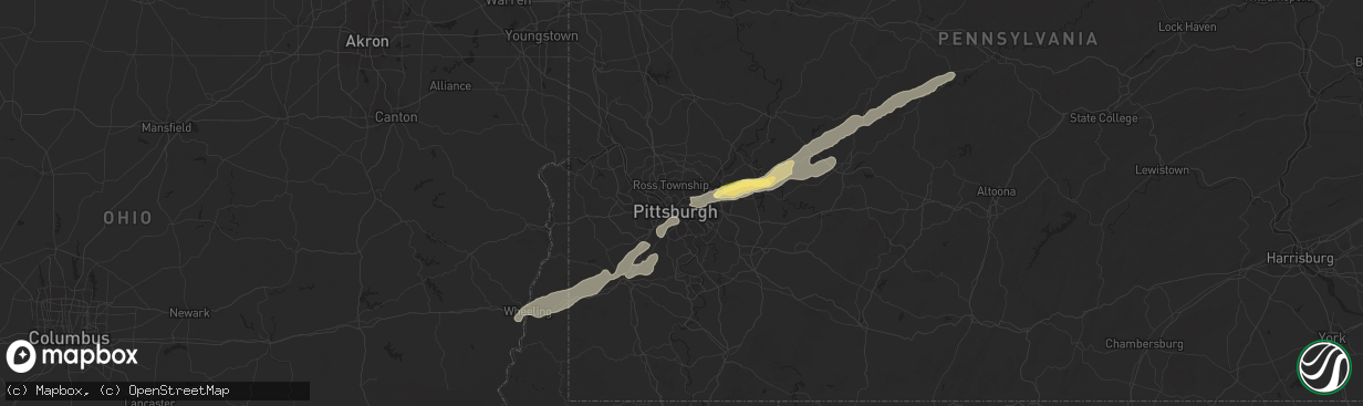 Hail map in Pittsburgh, PA on July 13, 2023