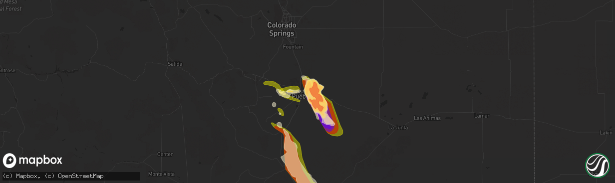 Hail map in Pueblo, CO on July 13, 2023