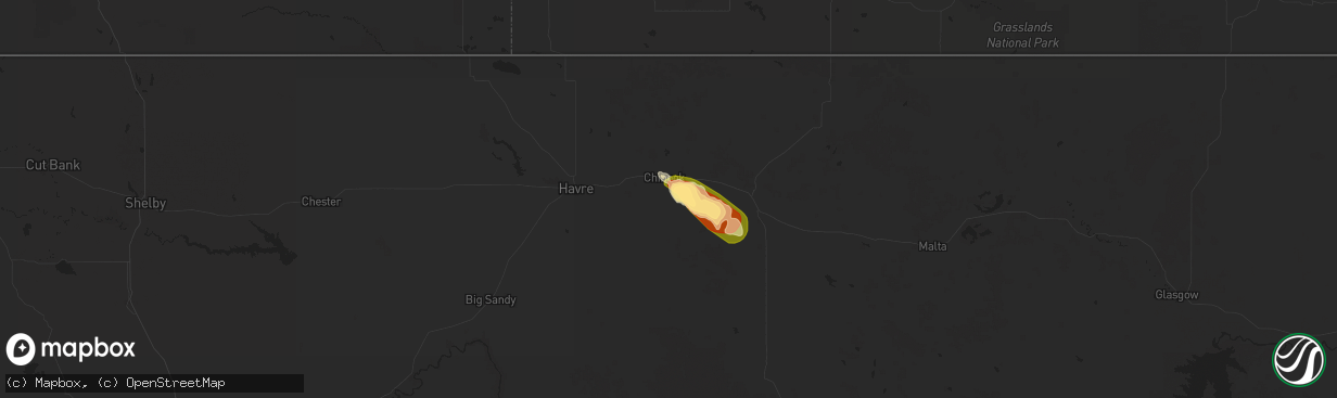 Hail map in Chinook, MT on July 13, 2024