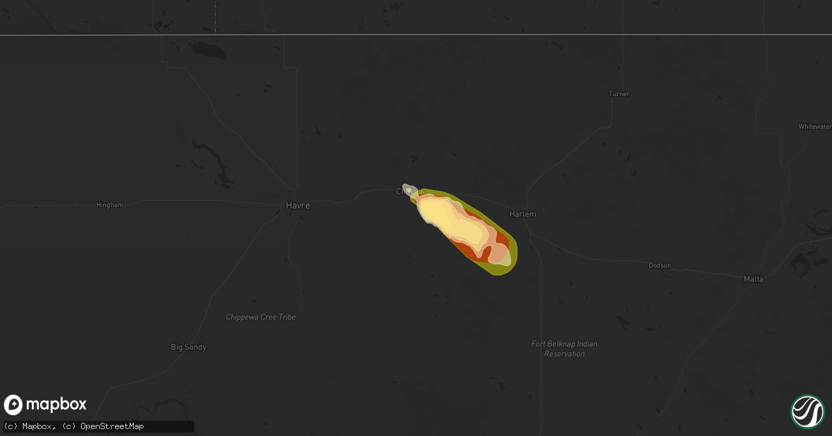 Hail map in Chinook, MT on July 13, 2024