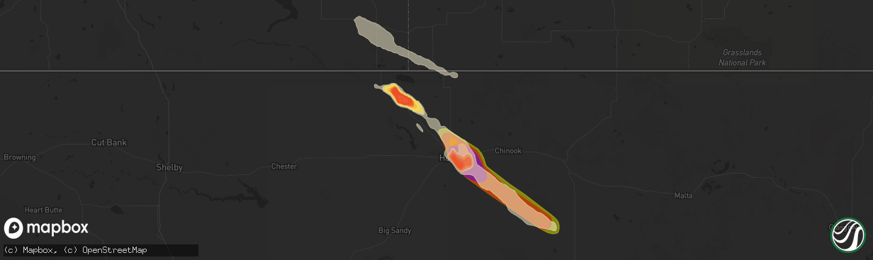 Hail map in Havre, MT on July 13, 2024