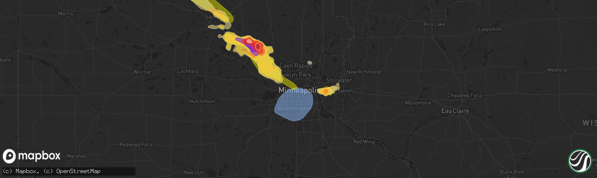 Hail map in Minneapolis, MN on July 13, 2024