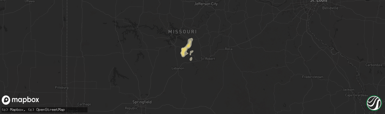 Hail map in Richland, MO on July 13, 2024