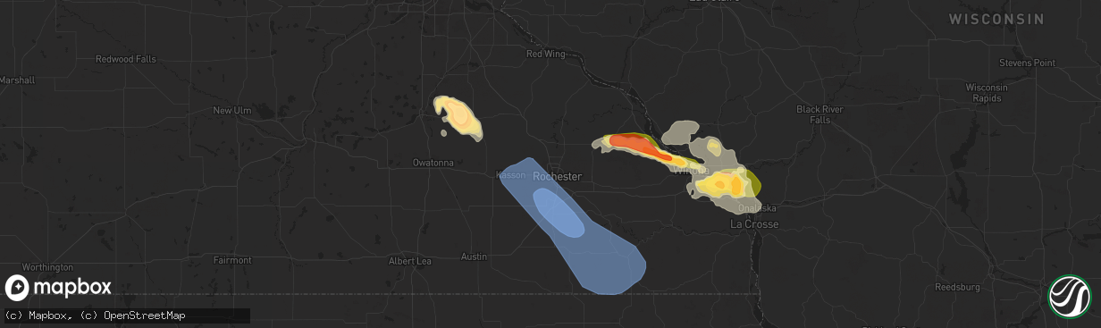 Hail map in Rochester, MN on July 13, 2024