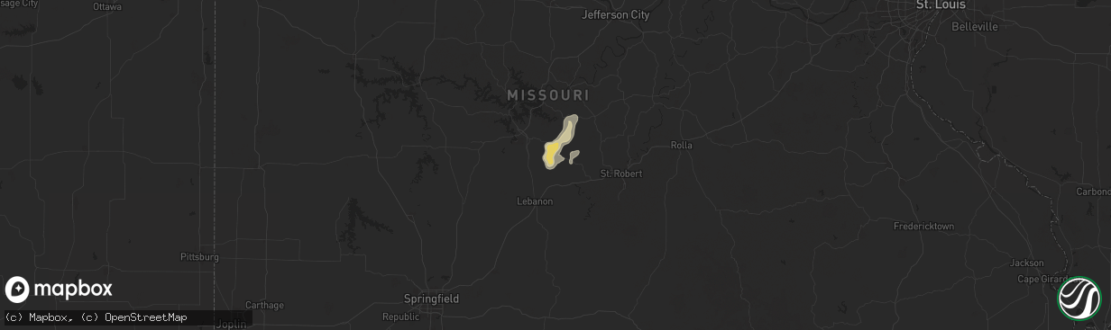 Hail map in Stoutland, MO on July 13, 2024