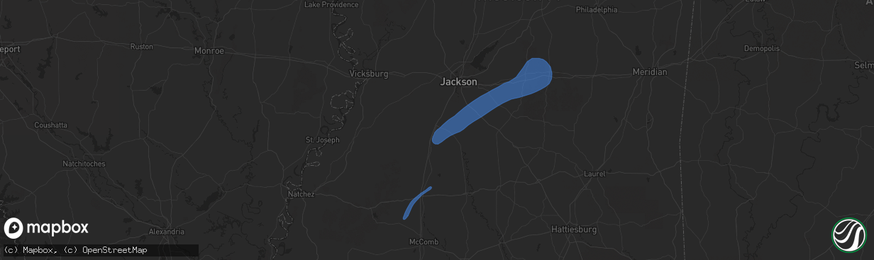 Hail map in Crystal Springs, MS on July 13, 2025