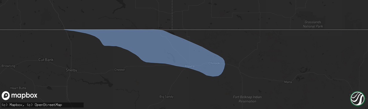 Hail map in Havre, MT on July 13, 2025