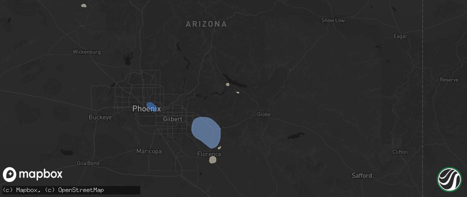 Hail map in Roosevelt, AZ on July 13, 2026
