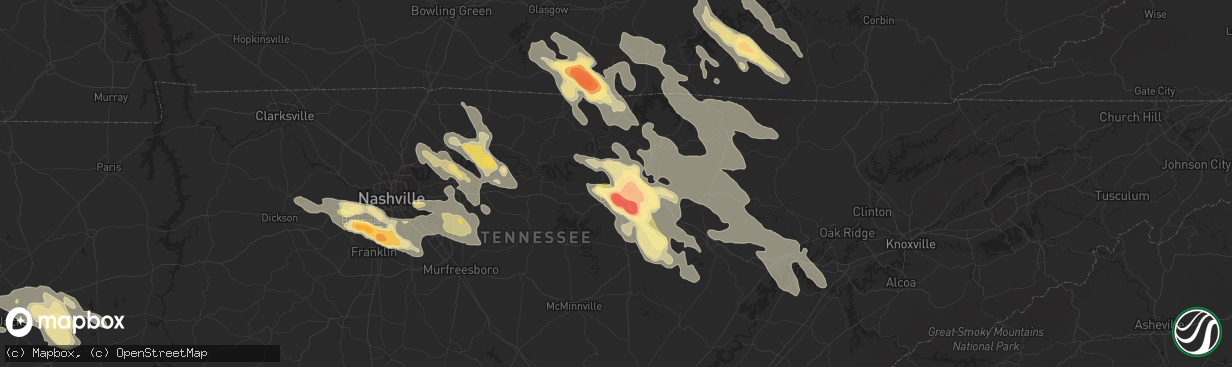 Hail map in Cookeville, TN on July 14, 2015