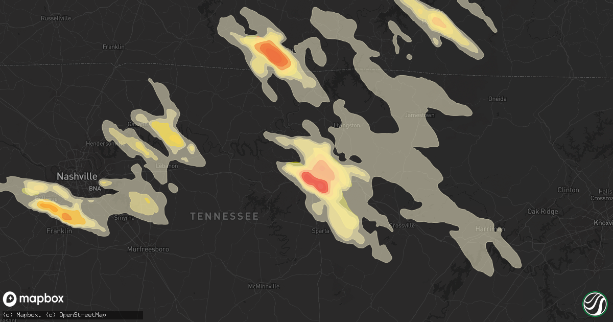 Hail map in Cookeville, TN on July 14, 2015