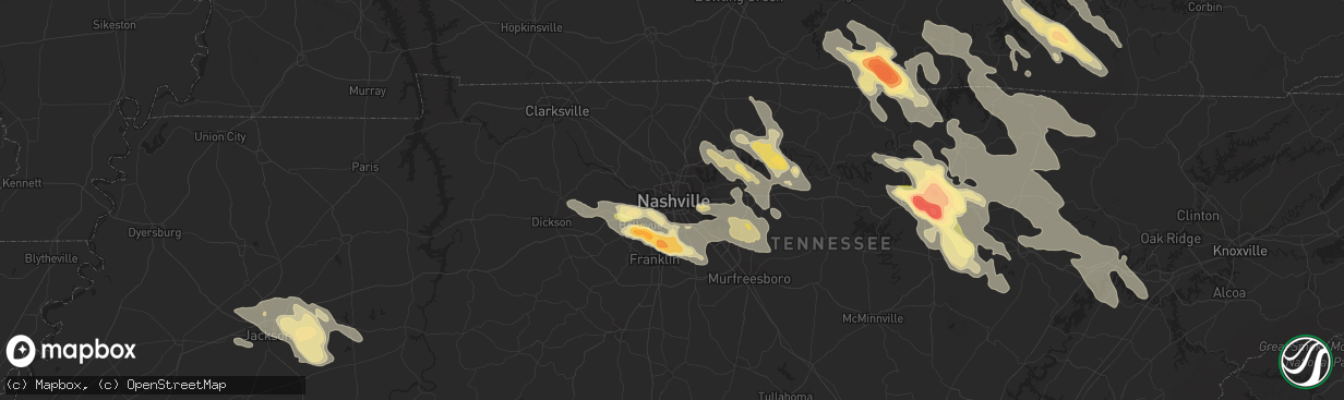 Hail map in Nashville, TN on July 14, 2015