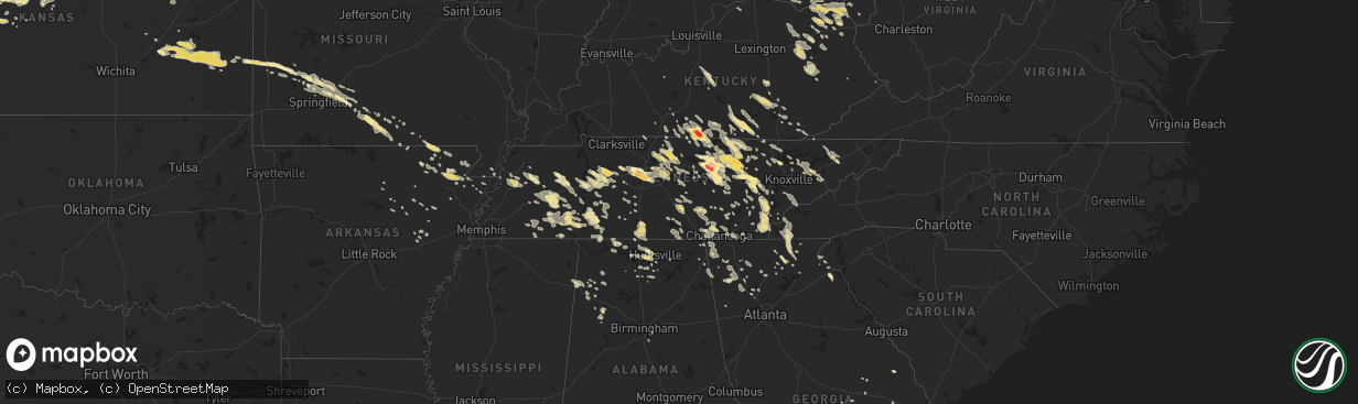 Hail map in Tennessee on July 14, 2015