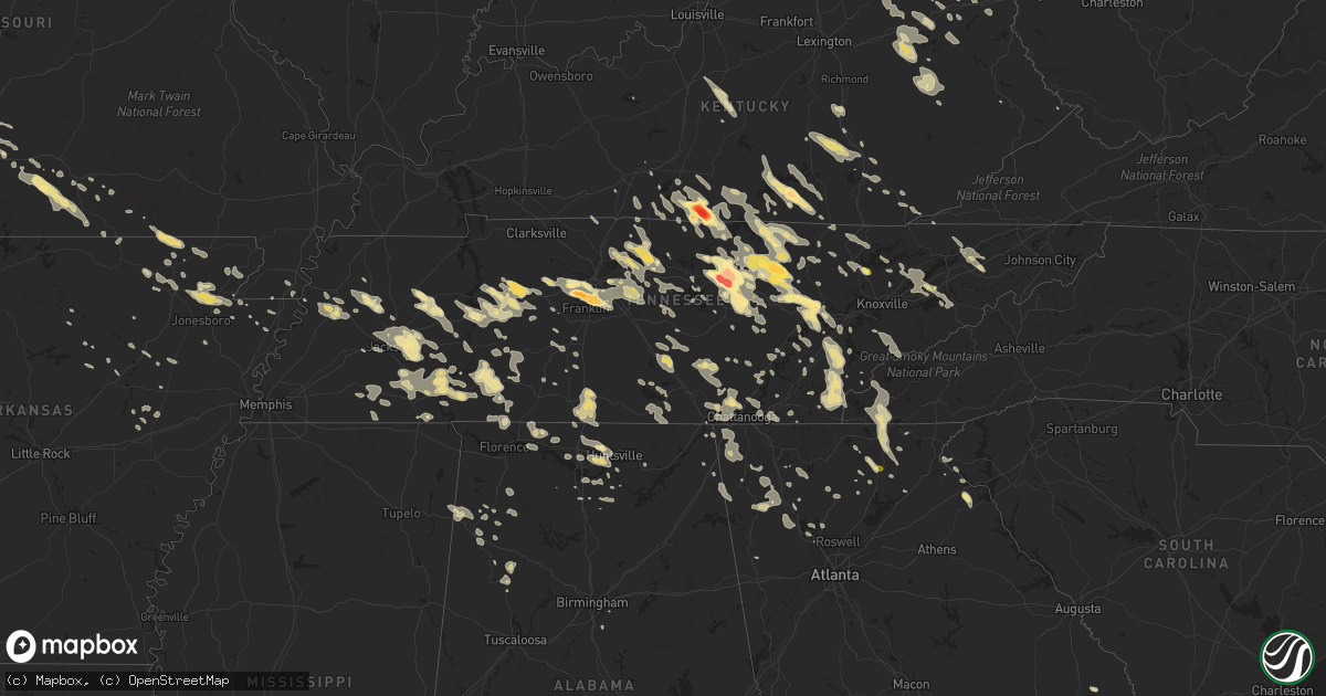 Hail map in Tennessee on July 14, 2015