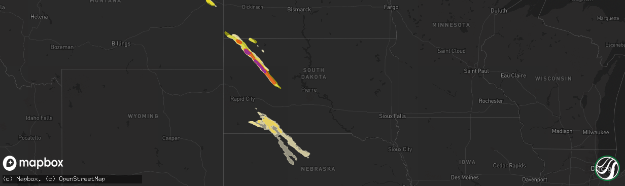 Hail map in South Dakota on July 14, 2016