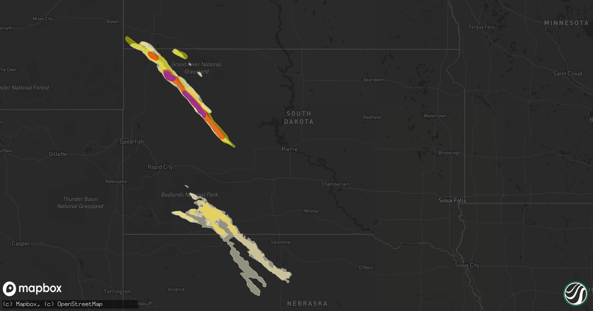 Hail map in South Dakota on July 14, 2016