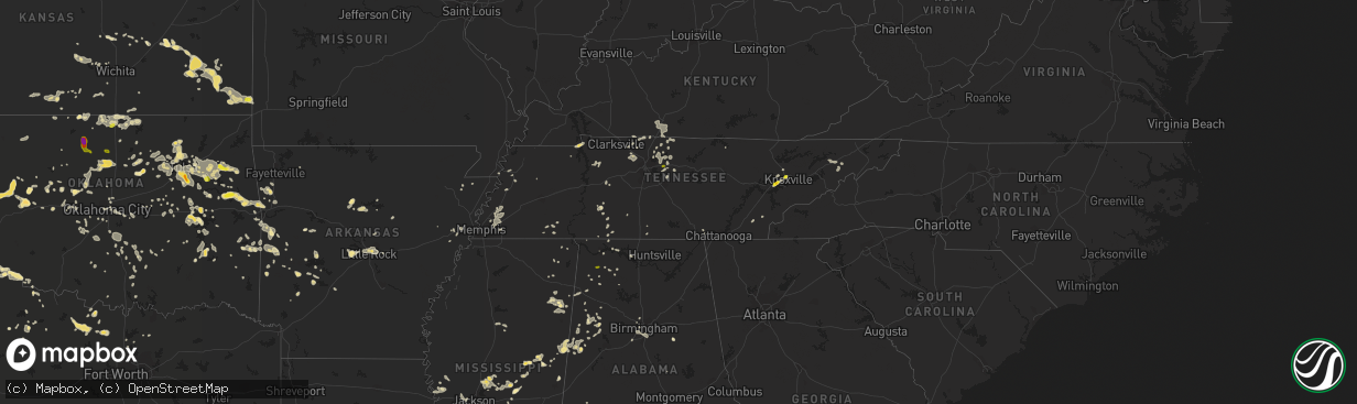 Hail map in Tennessee on July 14, 2016