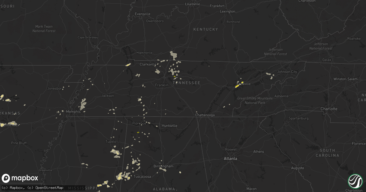 Hail map in Tennessee on July 14, 2016