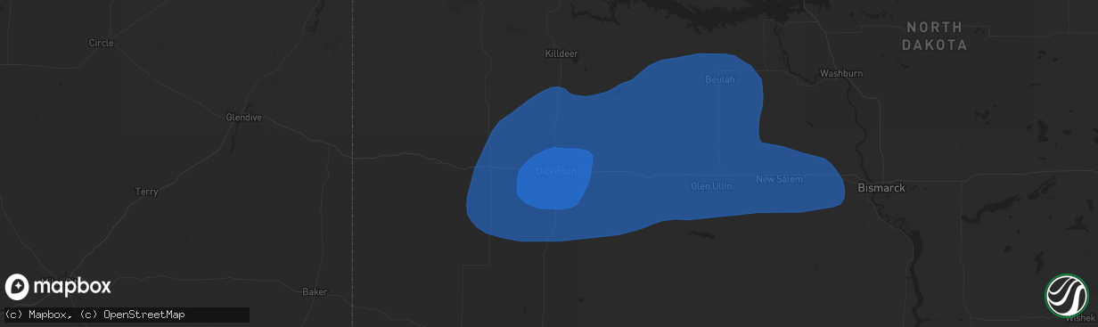 Hail map in Dickinson, ND on July 14, 2019