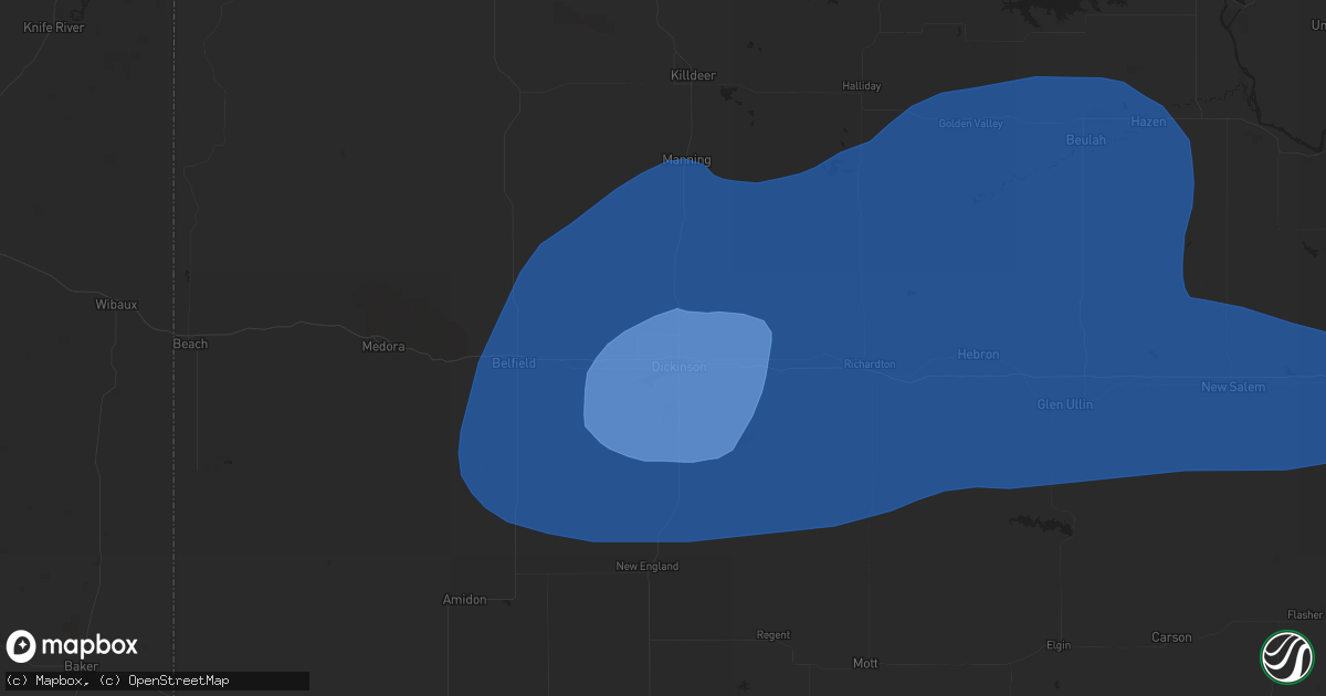 Hail map in Dickinson, ND on July 14, 2019