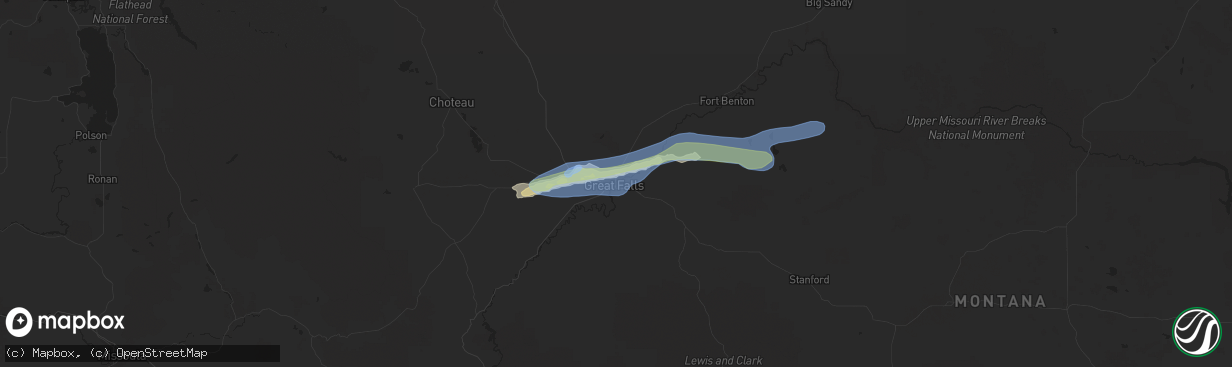 Hail map in Great Falls, MT on July 14, 2019