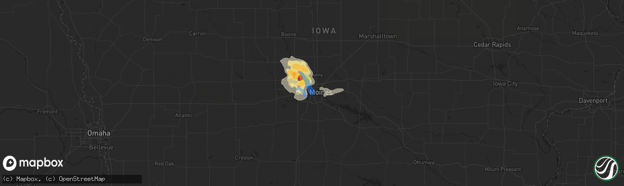 Hail map in Des Moines, IA on July 14, 2020
