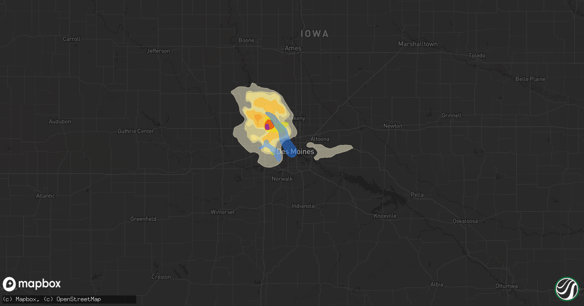 Hail map in Des Moines, IA on July 14, 2020