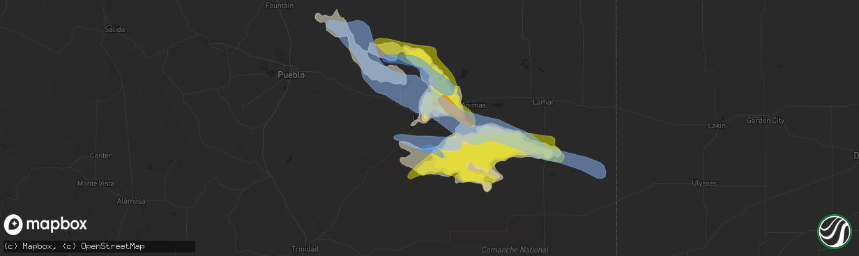 Hail map in La Junta, CO on July 14, 2020