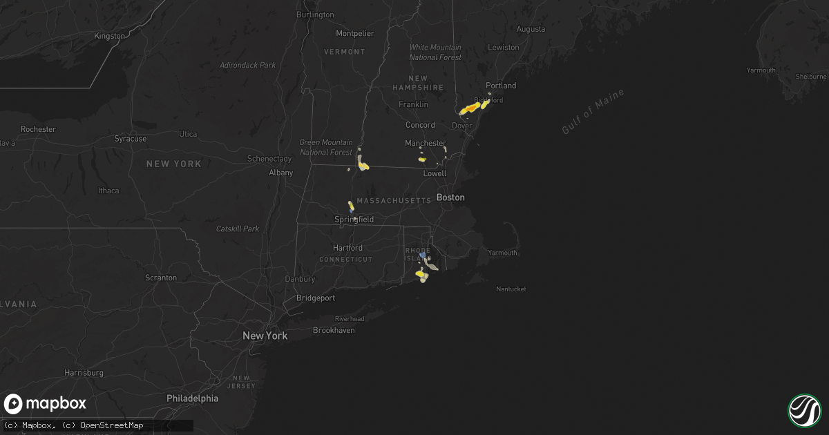 Hail map in Massachusetts on July 14, 2020