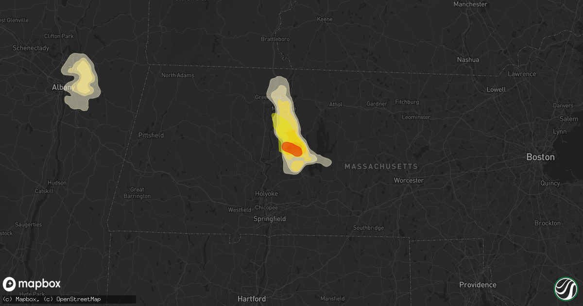Hail map in Amherst, MA on July 14, 2021