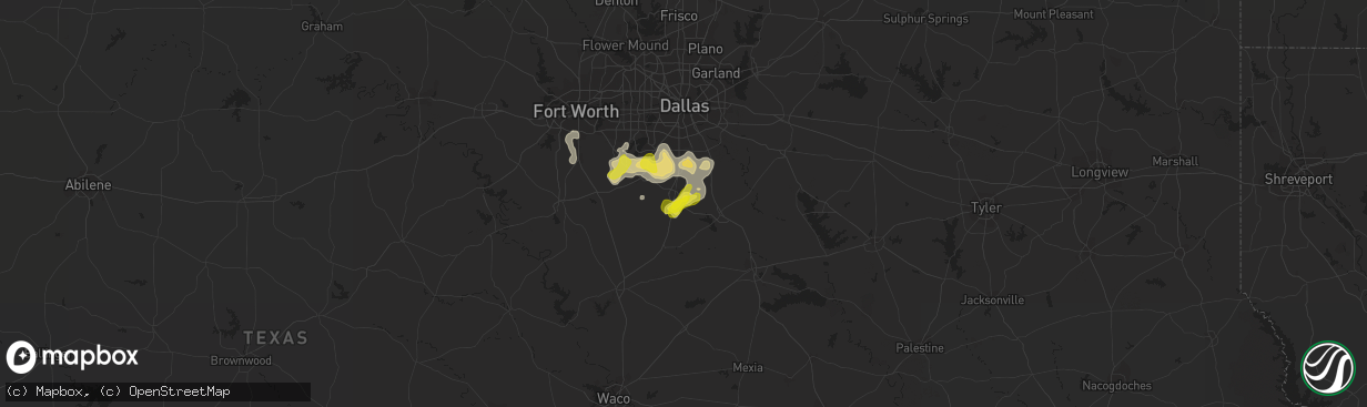 Hail map in Waxahachie, TX on July 14, 2022