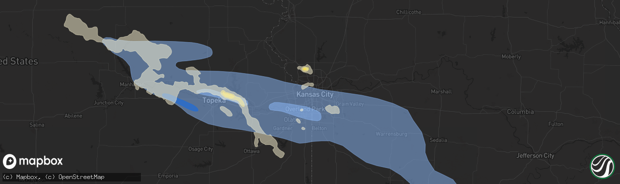 Hail map in Kansas City, KS on July 14, 2023