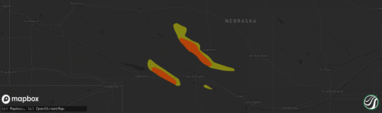 Hail map in North Platte, NE on July 14, 2023