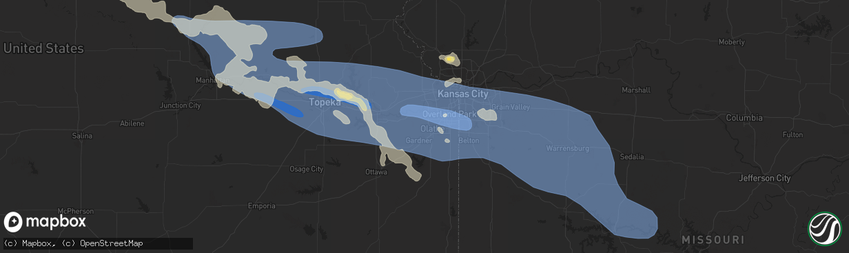Hail map in Olathe, KS on July 14, 2023