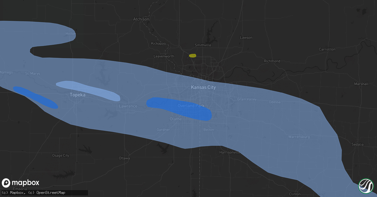 Hail map in Shawnee, KS on July 14, 2023