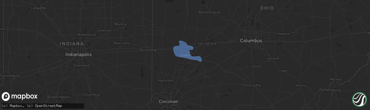 Hail map in Dayton, OH on July 14, 2024