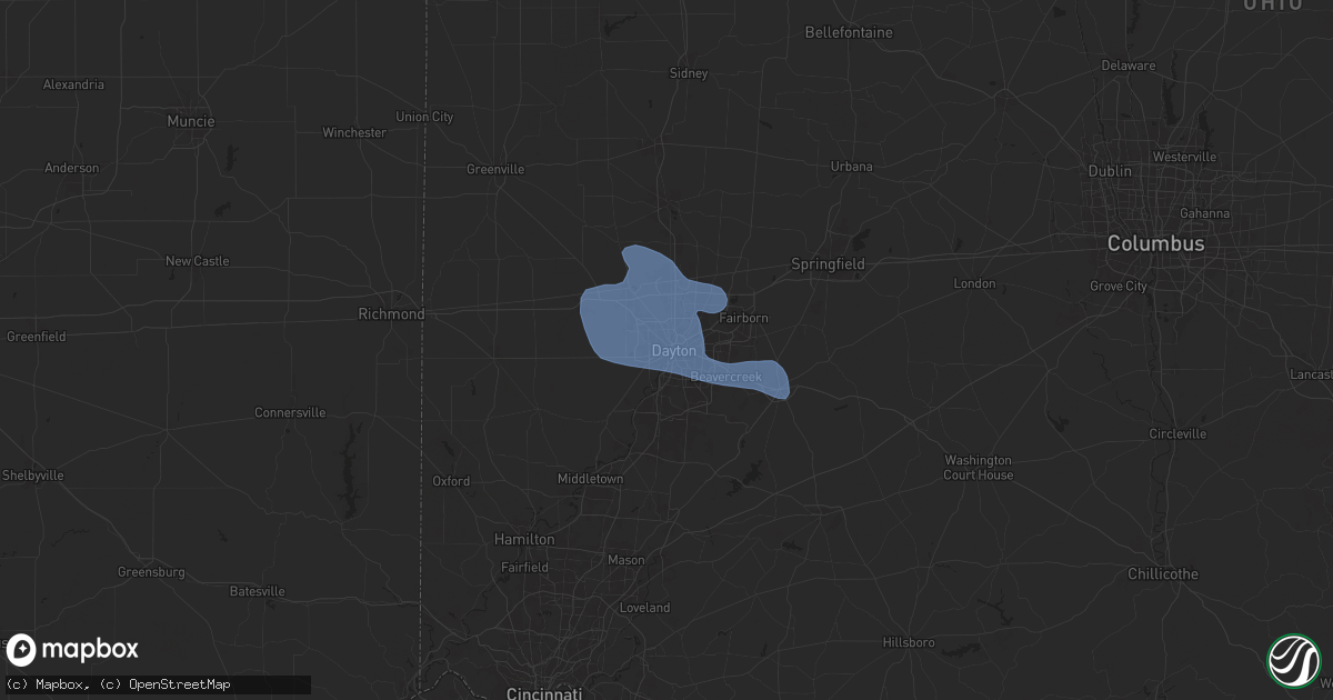 Hail map in Dayton, OH on July 14, 2024