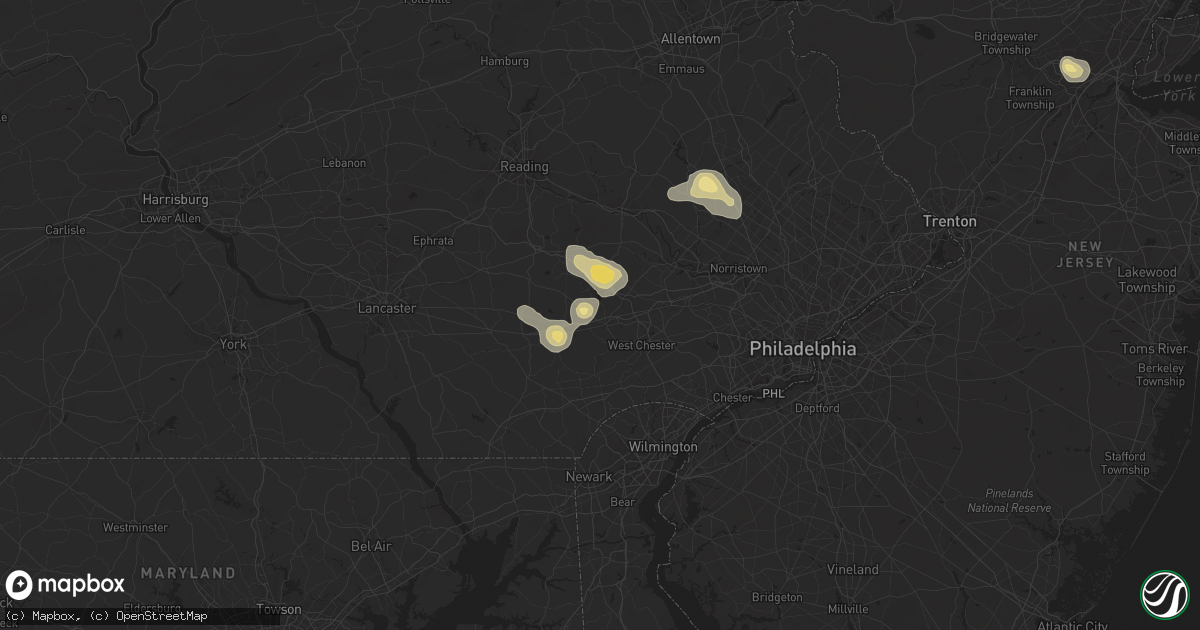 Hail map in Downingtown, PA on July 14, 2024