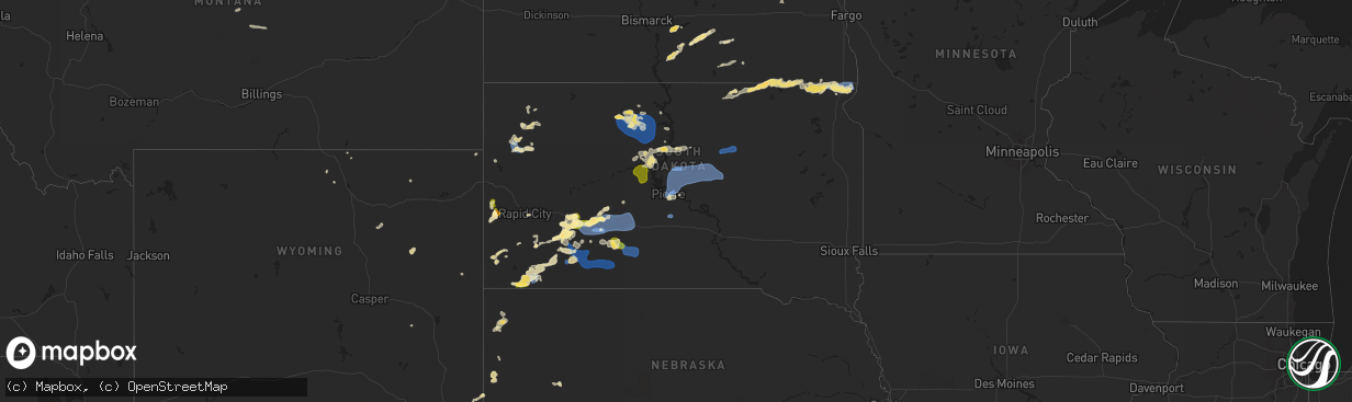 Hail map in South Dakota on July 14, 2025