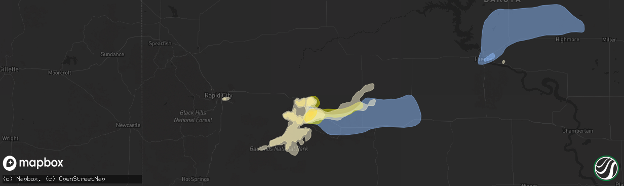 Hail map in Wall, SD on July 14, 2025