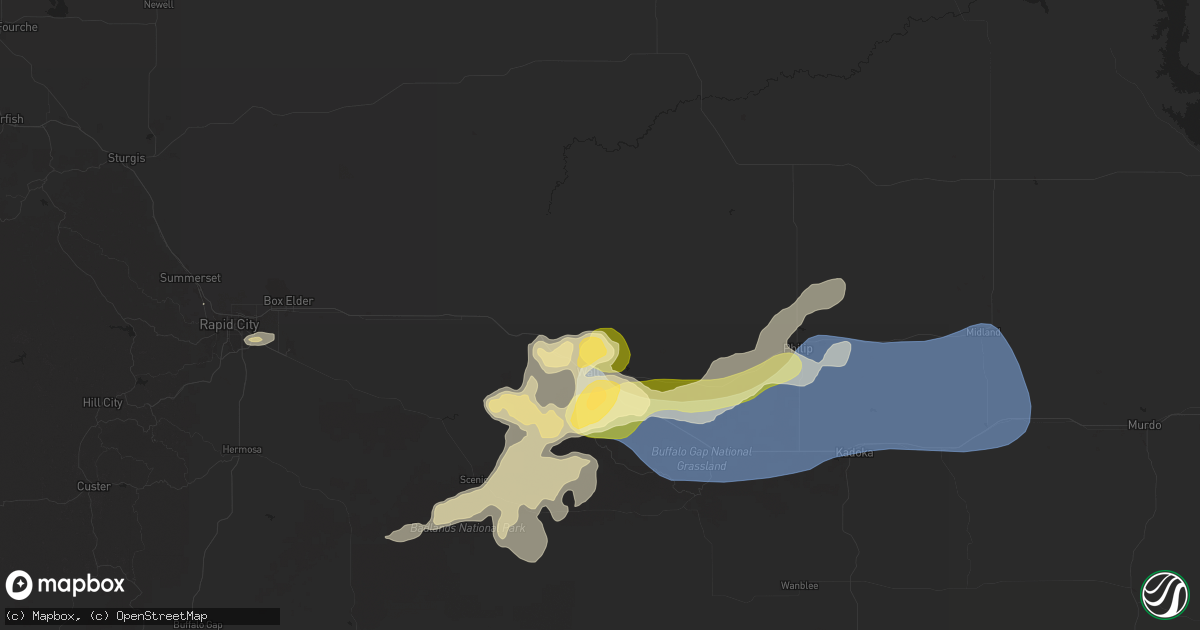 Hail map in Wall, SD on July 14, 2025