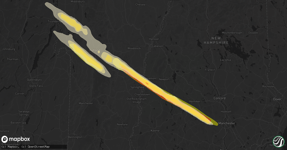 Hail map in Ascutney, VT on July 14, 2026