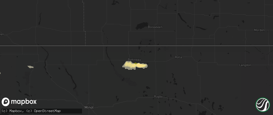 Hail map in Bottineau, ND on July 14, 2026