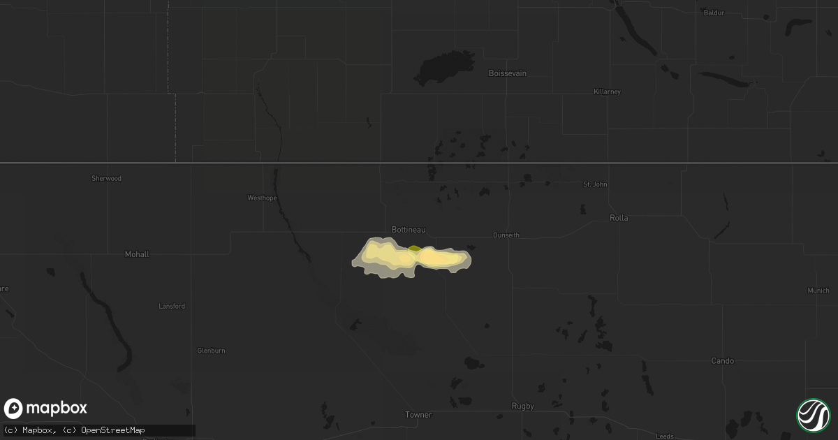 Hail map in Bottineau, ND on July 14, 2026