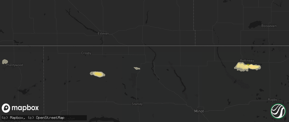 Hail map in Bowbells, ND on July 14, 2026