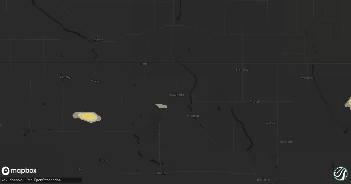 Hail map in Bowbells, ND on July 14, 2026